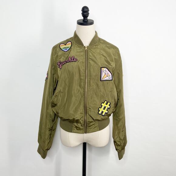 Love Tree Jackets & Blazers - Love Tree Bomber Jacket Army Green Patches Diamond Rainbow Heart Casual Size L
